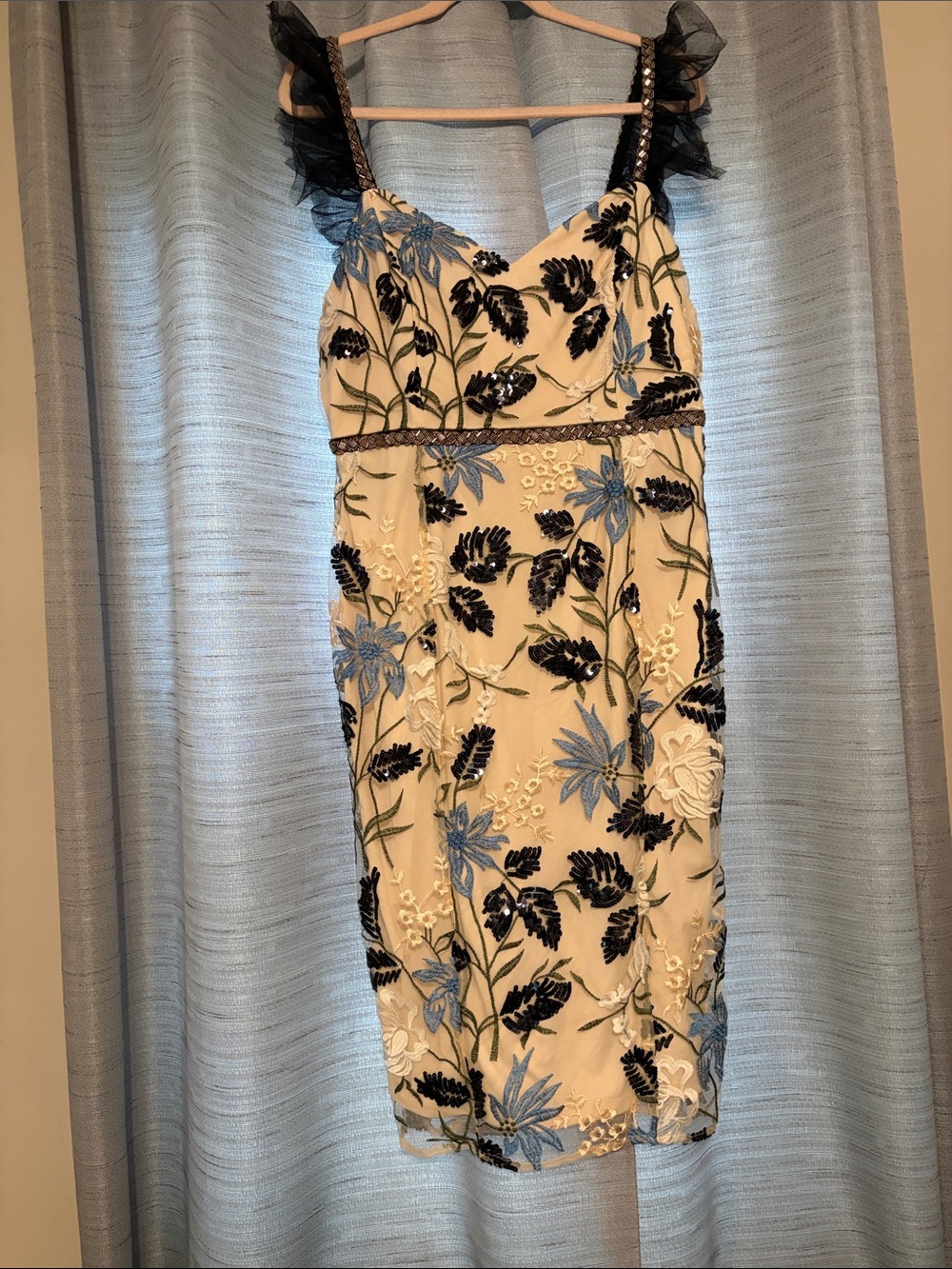 Lulu's Cream Midi Dress with Black and Blue Floral Embroidery